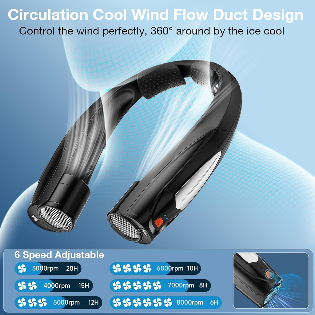 Hionly AI Neck Fan, 6 Speeds Adjustable Portable Personal Fan Rechargeable, Faster Cooling Wearable Fan, Ultra Quiet for Home, Office, Travel, Outdoor
