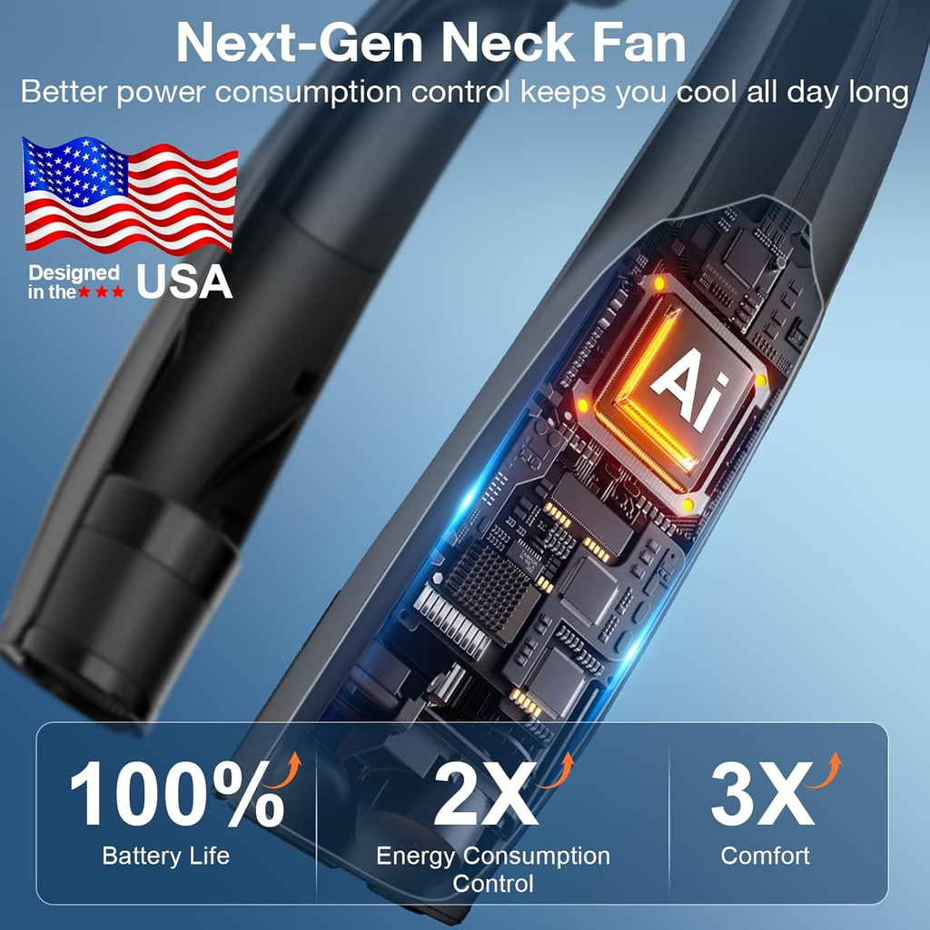 Hionly AI Neck Fan, 6 Speeds Adjustable Portable Personal Fan Rechargeable, Faster Cooling Wearable Fan, Ultra Quiet for Home, Office, Travel, Outdoor